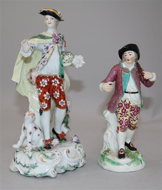 A Derby figure of a gentleman and a Samson figure of a street vendor, 21cm and 16.5cm, faults